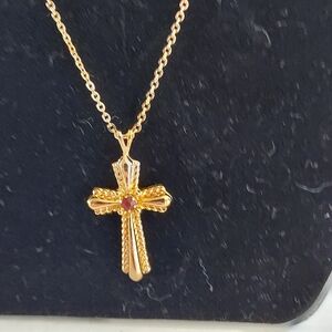 Vintage Avon Genuine Garnet Gold Cross Necklace